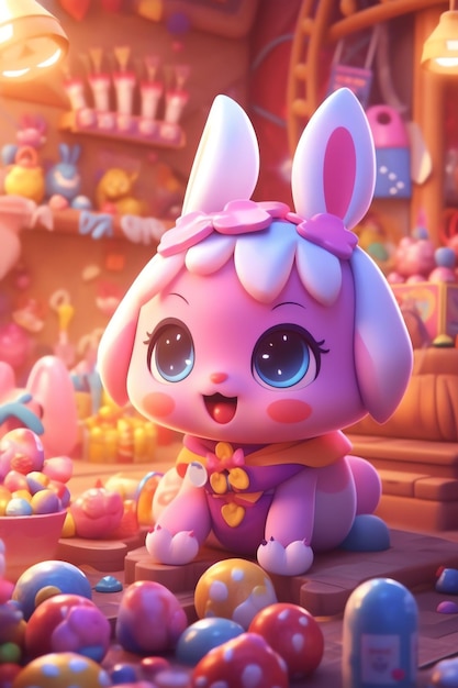 A cartoon rabbit sits in front of a candy store.