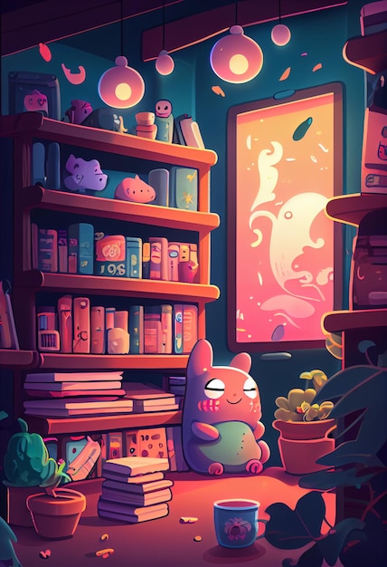 A cartoon rabbit sits in front of a window with a book shelf full of books.