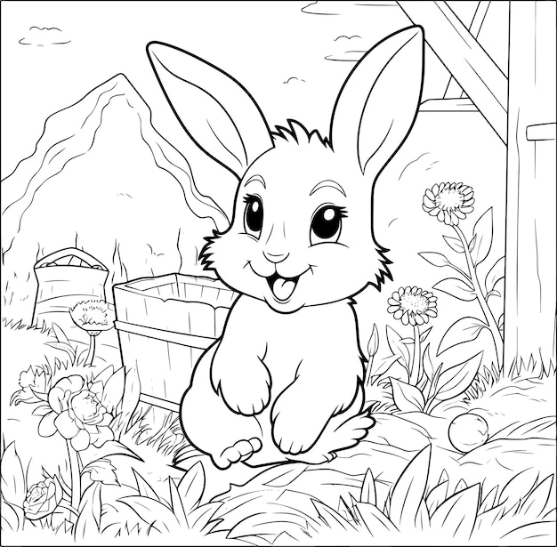 Photo a cartoon rabbit sits in a garden with a fence in the background