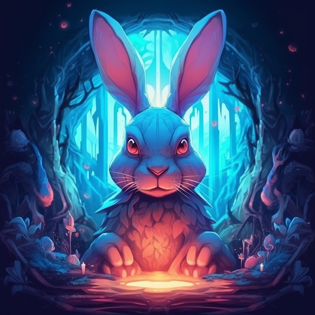 a cartoon rabbit sitting in a forest with a glowing light generative ai