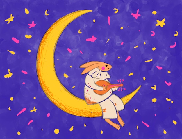 A cartoon of a rabbit sitting on a moon with a guitar