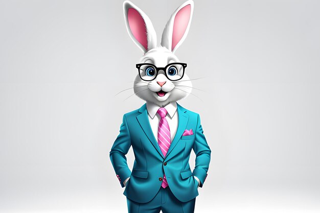 A cartoon rabbit wearing glasses and a suit with a pink tie on white background