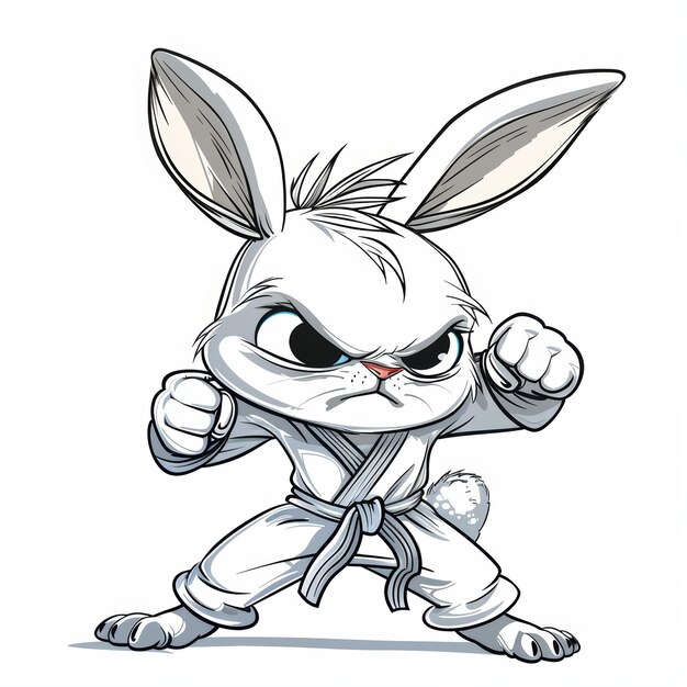 Photo a cartoon rabbit wearing a white karate uniform and a blue belt with its fists clenched in a fighting stance