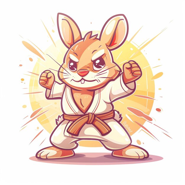 Photo a cartoon rabbit in a white karate uniform with a brown belt stands in a fighting stance with a determined expression