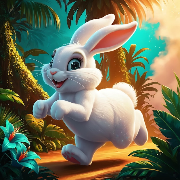 a cartoon rabbit with a blue eyes and a green background