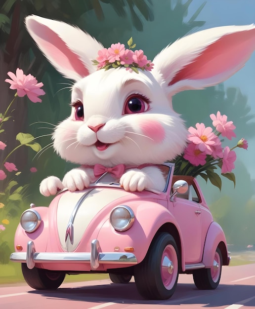 a cartoon rabbit with flowers on its head is driving a pink car