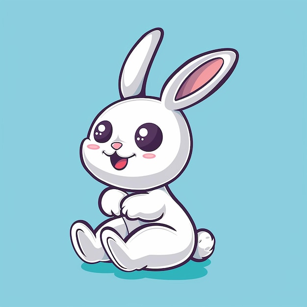 a cartoon rabbit with a pink nose and white ears sits on a blue background