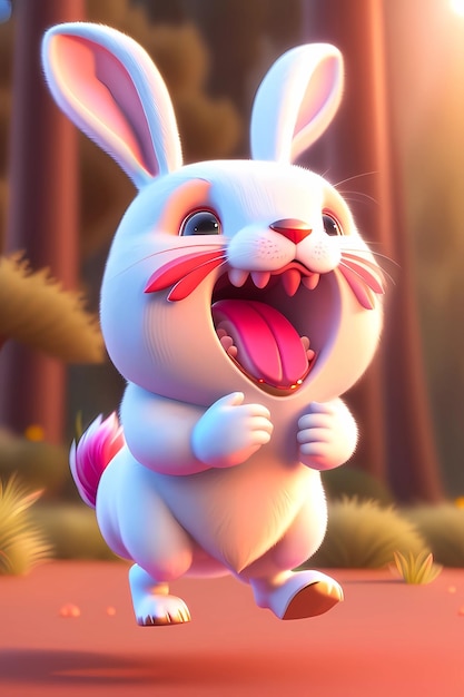 A cartoon rabbit with a pink tail and a pink tail is showing a big smile.