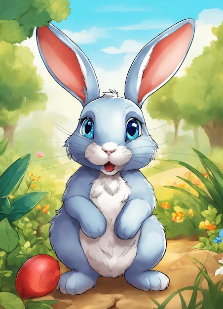 a cartoon rabbit with a red ball in the grass