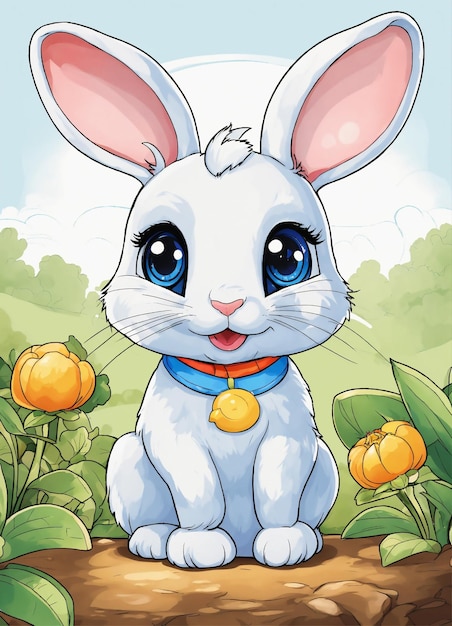 a cartoon rabbit with a tag on its collar sits in a garden with pumpkins