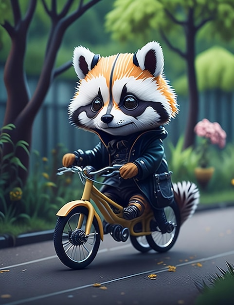 A cartoon raccoon riding a bike on a road