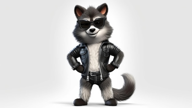 A cartoon raccoon wearing a leather jacket and sunglasses.