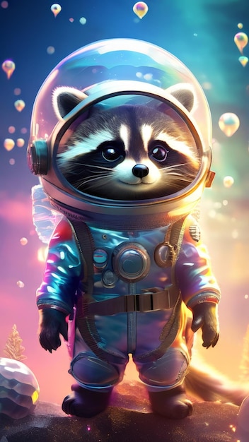 Photo a cartoon of a raccoon wearing a space suit