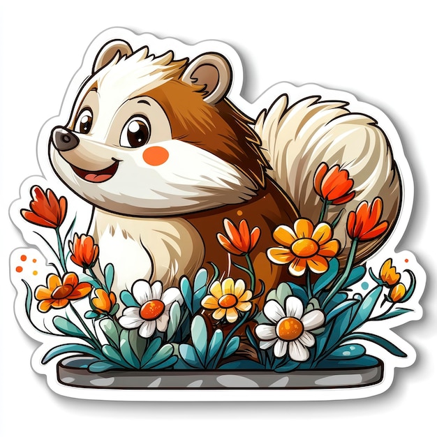 Photo a cartoon of a raccoon with flowers in the background