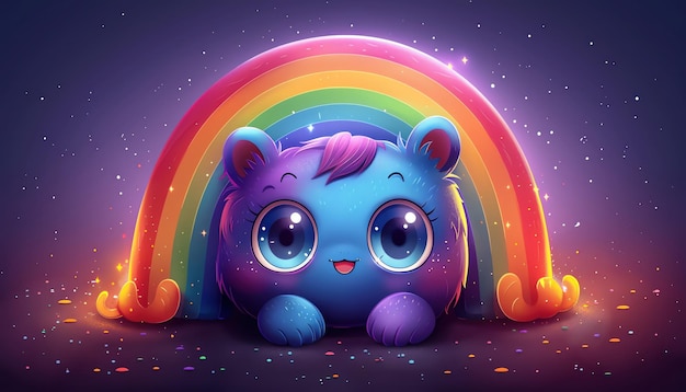 Cartoon rainbow with big eyes purple background bright and cheerful