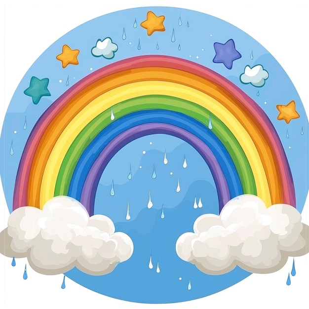 Cartoon Rainbow with Clouds and Stars After Rain