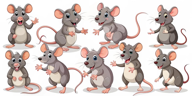 Cartoon rats collection Vector illustration of funny rats in various poses and actions Isolated on white