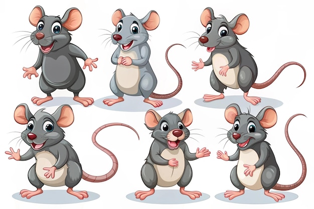 Cartoon rats collection Vector illustration of funny rats in various poses and actions Isolated on white