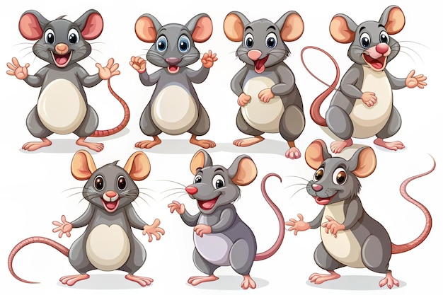 Cartoon rats collection Vector illustration of funny rats in various poses and actions Isolated on white