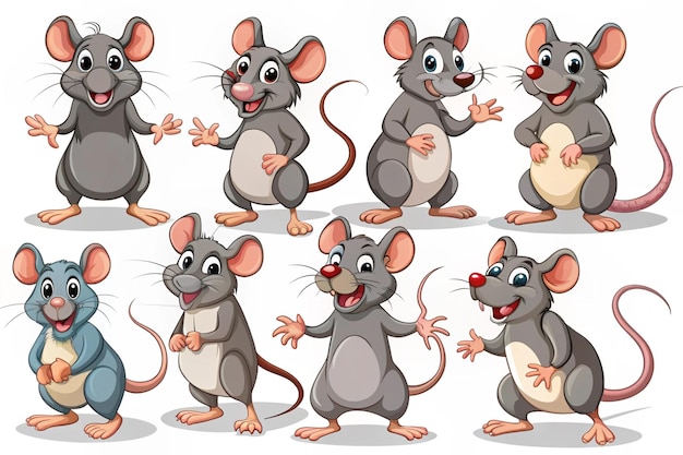 Photo cartoon rats collection vector illustration of funny rats in various poses and actions isolated on white