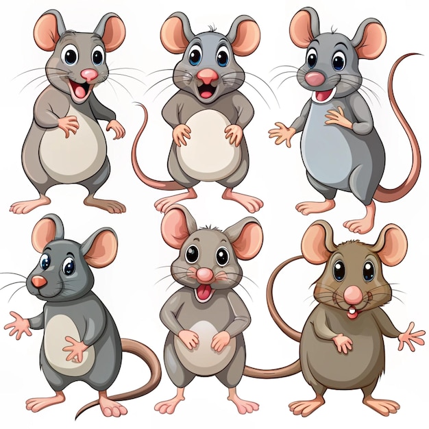 Cartoon rats collection Vector illustration of funny rats in various poses and actions Isolated on white