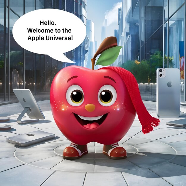 a cartoon of a red apple with the word hello on it