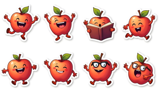 Photo cartoon red apples apples with arms apples with legs apples with facial expressions apple jumpin