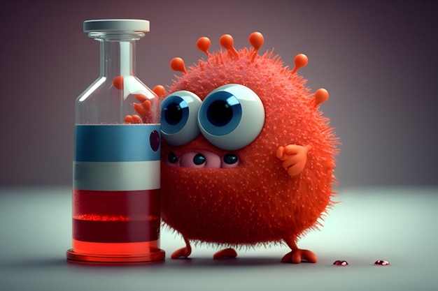 A cartoon of a red monster with a bottle of liquid next to it.