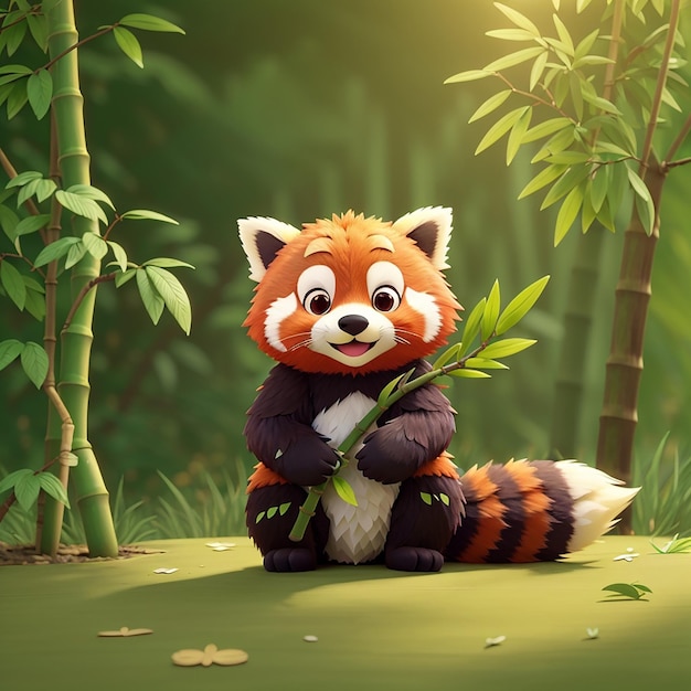 a cartoon of a red panda with a bamboo stick in its mouth