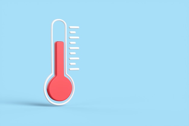 Cartoon red thermometer isolated on blue background. The concept of weather and increased temperature from a pandemic. 3d render illustration.