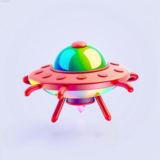 Cartoon red UFO with a green dome flying on a white background