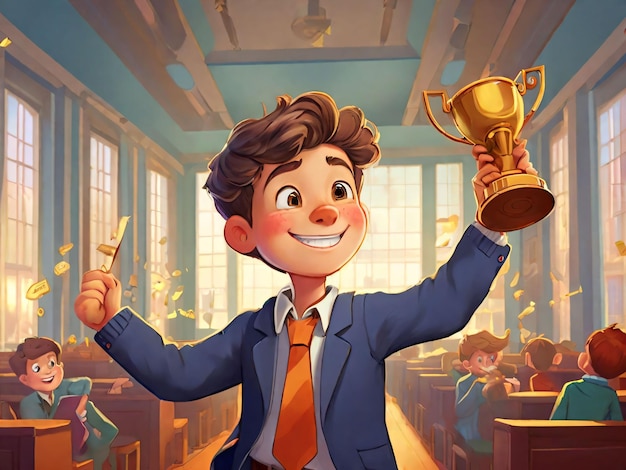 Photo cartoon of a rich boy winning at school