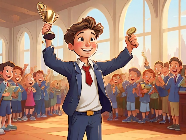 Photo cartoon of a rich boy winning at school