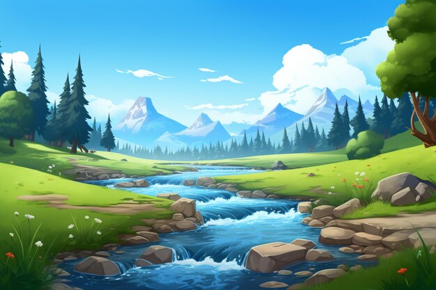 Photo a cartoon river winding through a peaceful valley