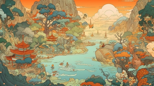 A cartoon of a river with a mountain in the background.