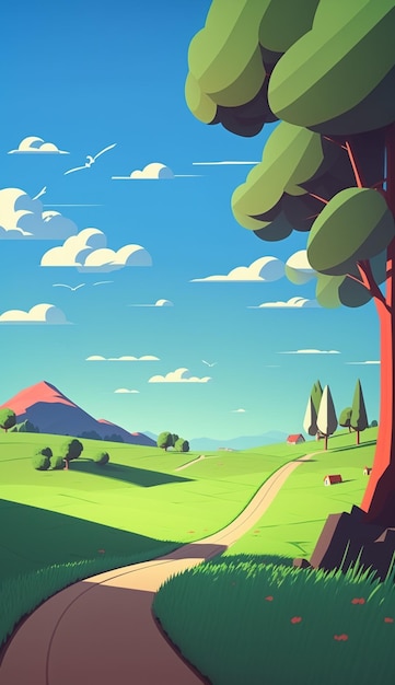 A cartoon of a road in a field with a blue sky and trees.