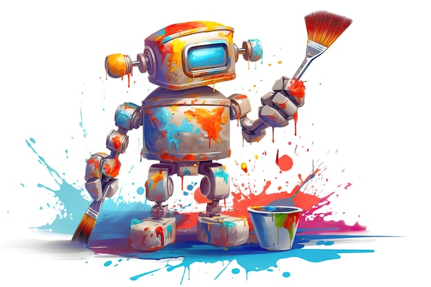 Cartoon robot artist holding paintbrushes standing over white background with spots of paint Concept of computer generated art Generative AI illustration