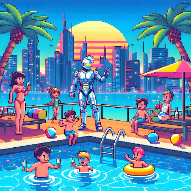 a cartoon of a robot in a pool with palm trees and a city in the background