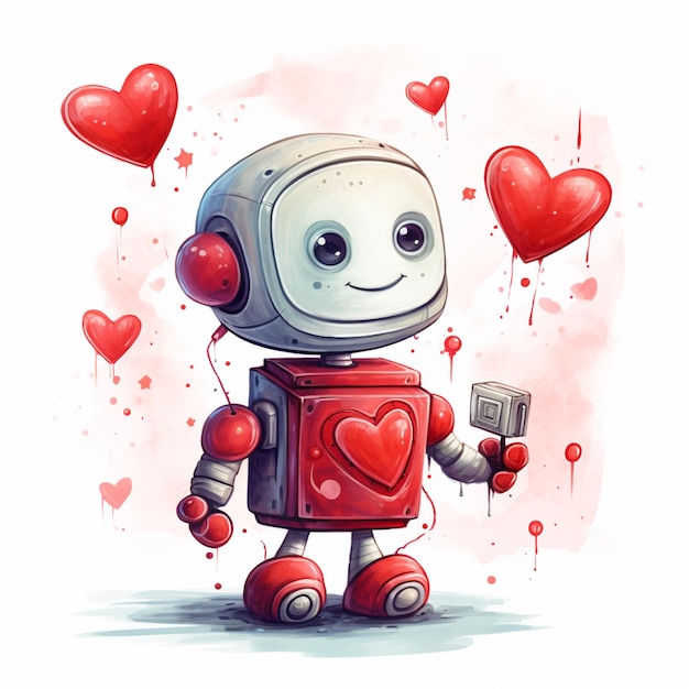 cartoon robot with heart balloons and a cell phone generative ai