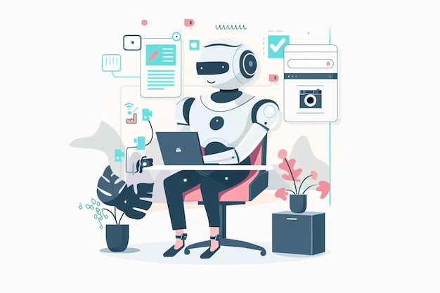 a cartoon of a robot with a laptop and a monitor with the word robot on it