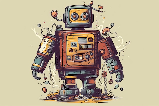 A cartoon of a robot with the word robot on it