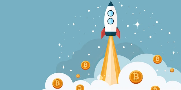 Photo a cartoon rocket is flying through the sky with a bunch of coins and the word bitcoin on it