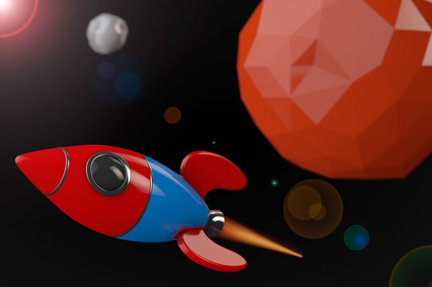 Photo cartoon rocket near red planet in deep space. 3d rendering