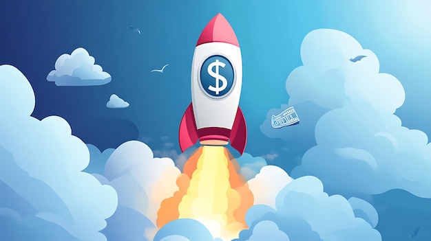 Photo a cartoon rocket ship with a dollar sign on the side is launching upwards through the clouds with a bill flying next to it