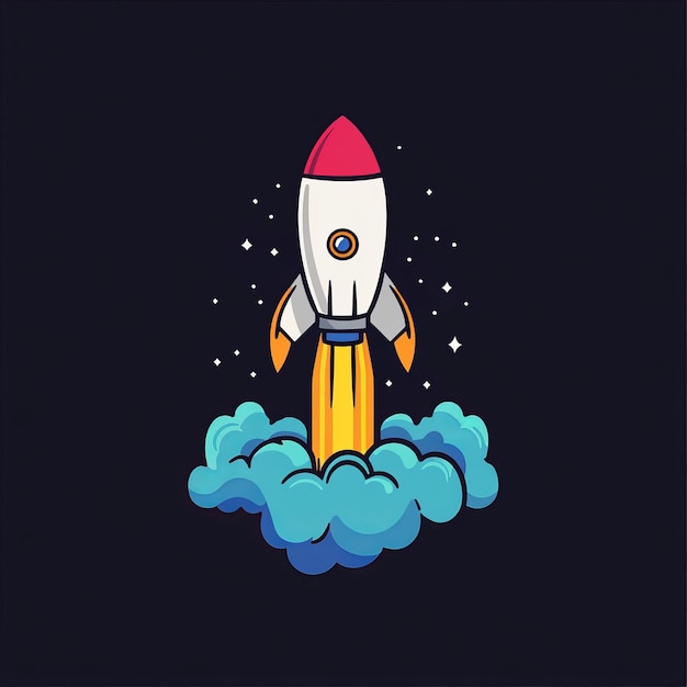 Cartoon rocket taking off from a cloud with a dark blue background and stars