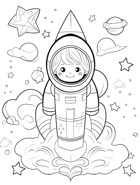 Photo a cartoon of a rocket with a girl in the space suit