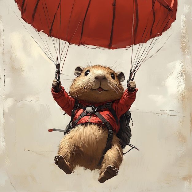 A cartoon of a rodent holding a parachute