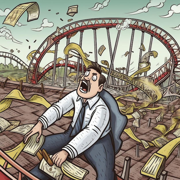 A cartoon of a roller coaster with a man on it and a lot of money on it.