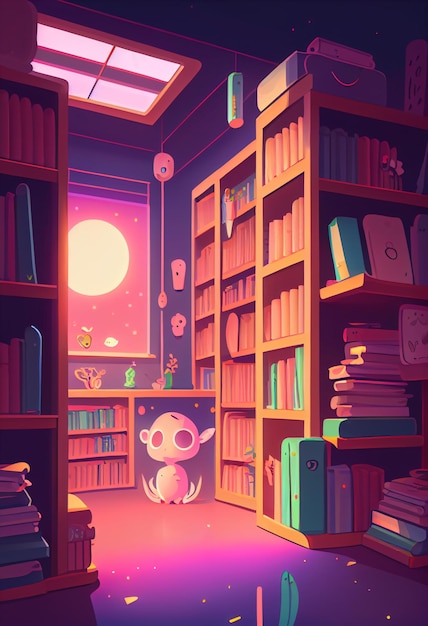 A cartoon of a room with a bookcase and a cat with a moon on the top.