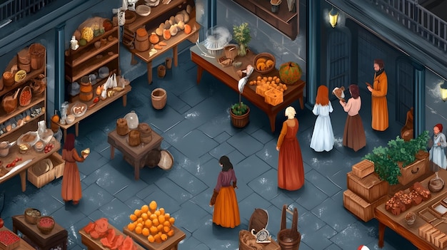 Photo a cartoon of a room with a table full of food and a woman in a orange dress